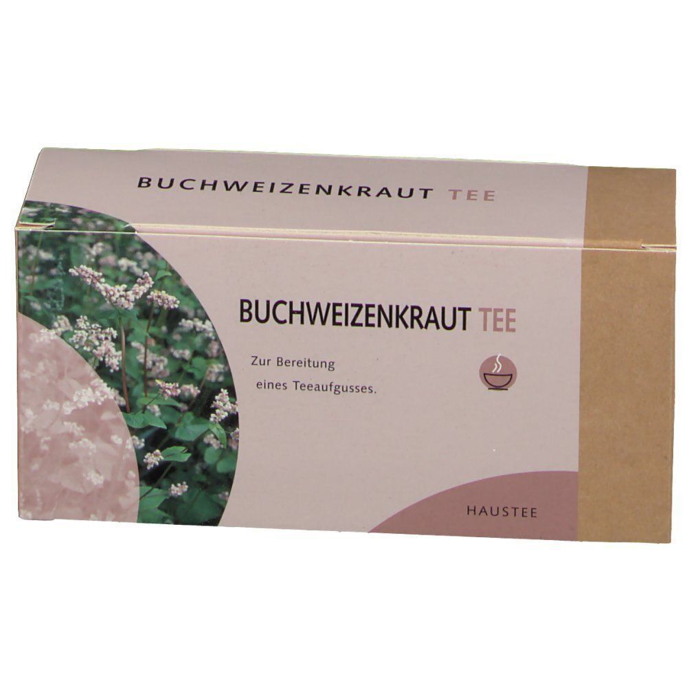 Rechteckige Kartonverpackung. Aufdruck: BUCHWEIZENKRAUT TEE. Beige und braune Farben. Text und Logo. Abbildung von Pflanzen.