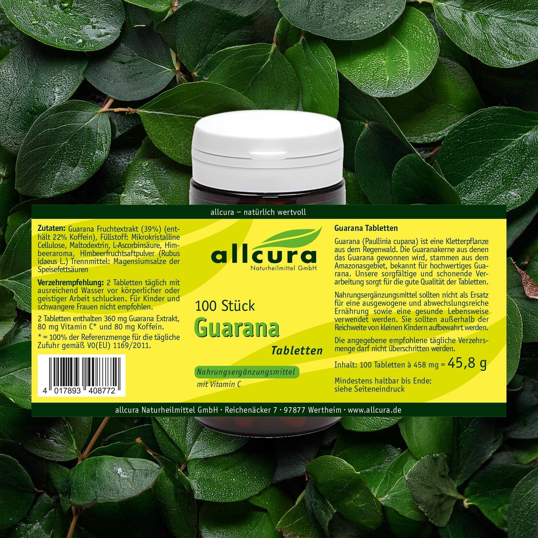 Flasche mit weißem Deckel und gelbem Etikett. Aufschrift: Guarana Tabletten, 100 St., allcura. Umgeben von grünen Blättern. Text auf gelbem Hintergrund.