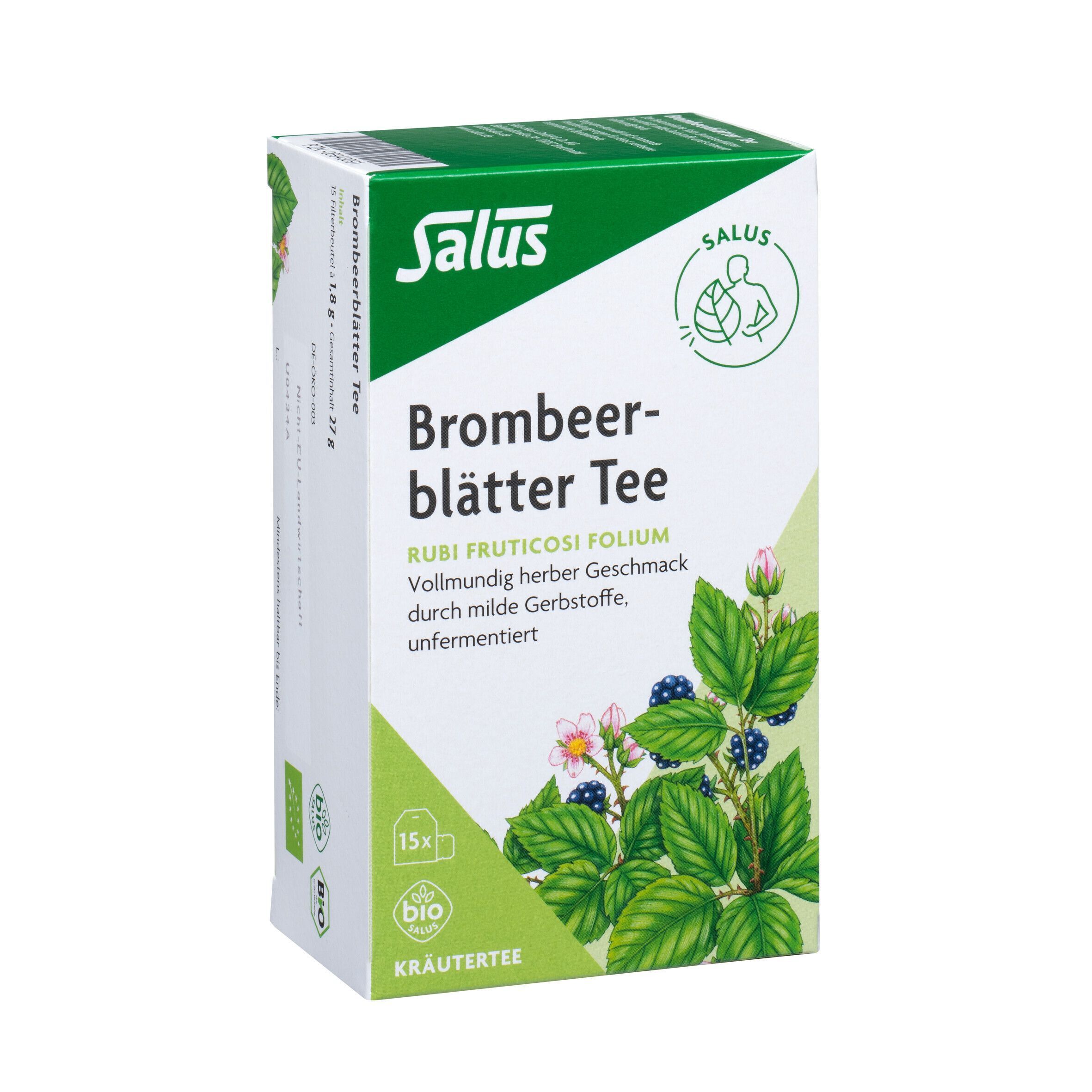 Karton BROMBEERBLÄTTERTEE Kräutertee Bio Salus. Aufdruck: Brombeerblätter Tee, Kräutertee, Bio, 15 Filterbeutel.