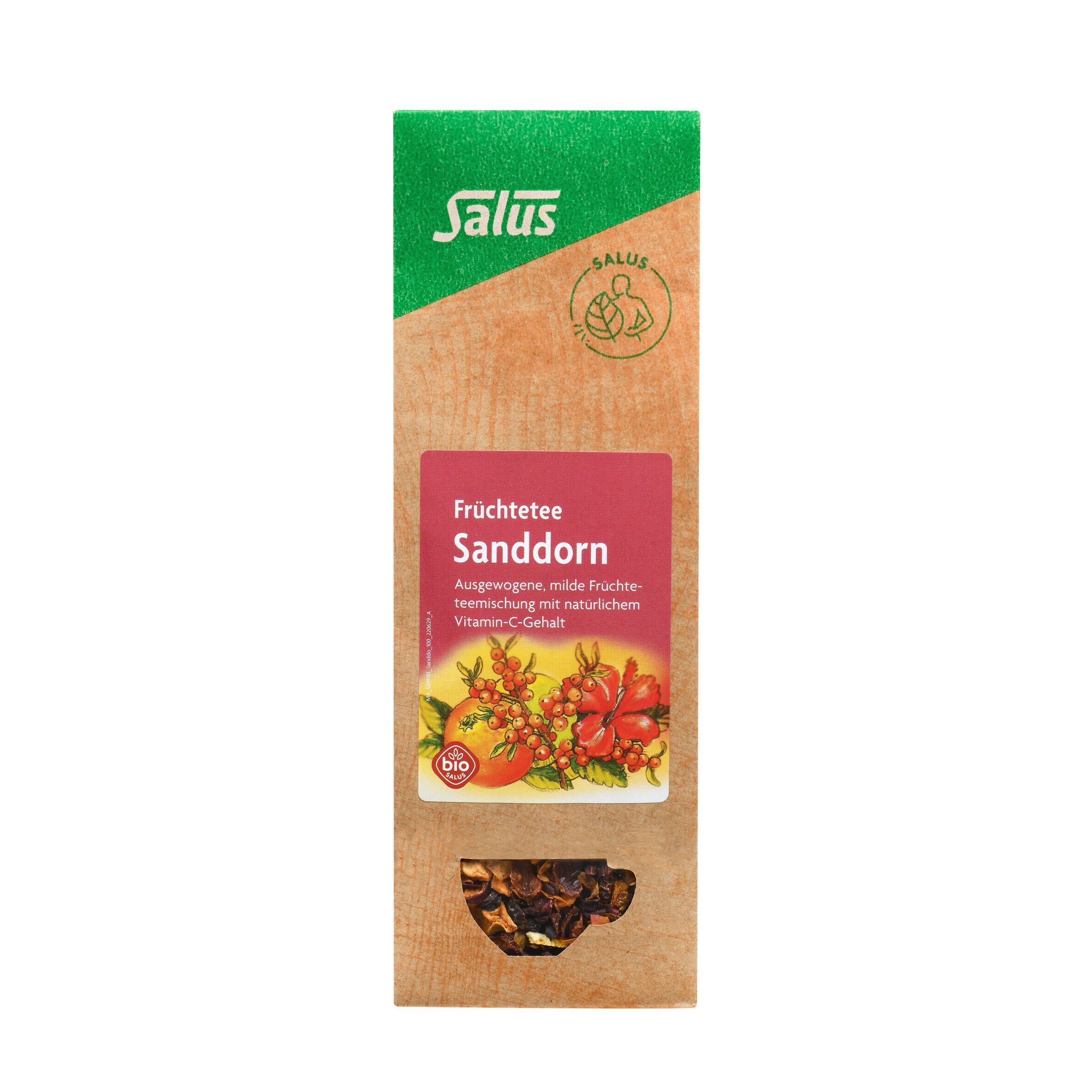 Sanddorn Früchtetee Bio Salus. Braune Papierverpackung mit rotem Etikett. Lose Teeblätter unten. Grün-braune Farbgebung.
