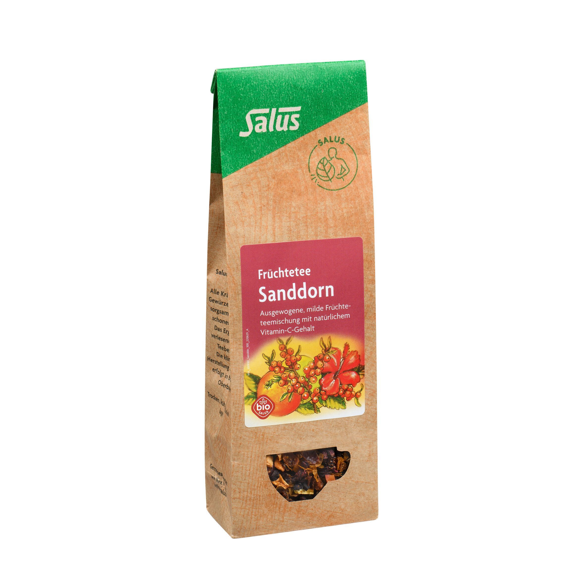 Sanddorn Früchtetee Bio Salus. Braune Papierverpackung mit rotem Etikett. Grün-braune Farbgebung. Ansicht von vorne.