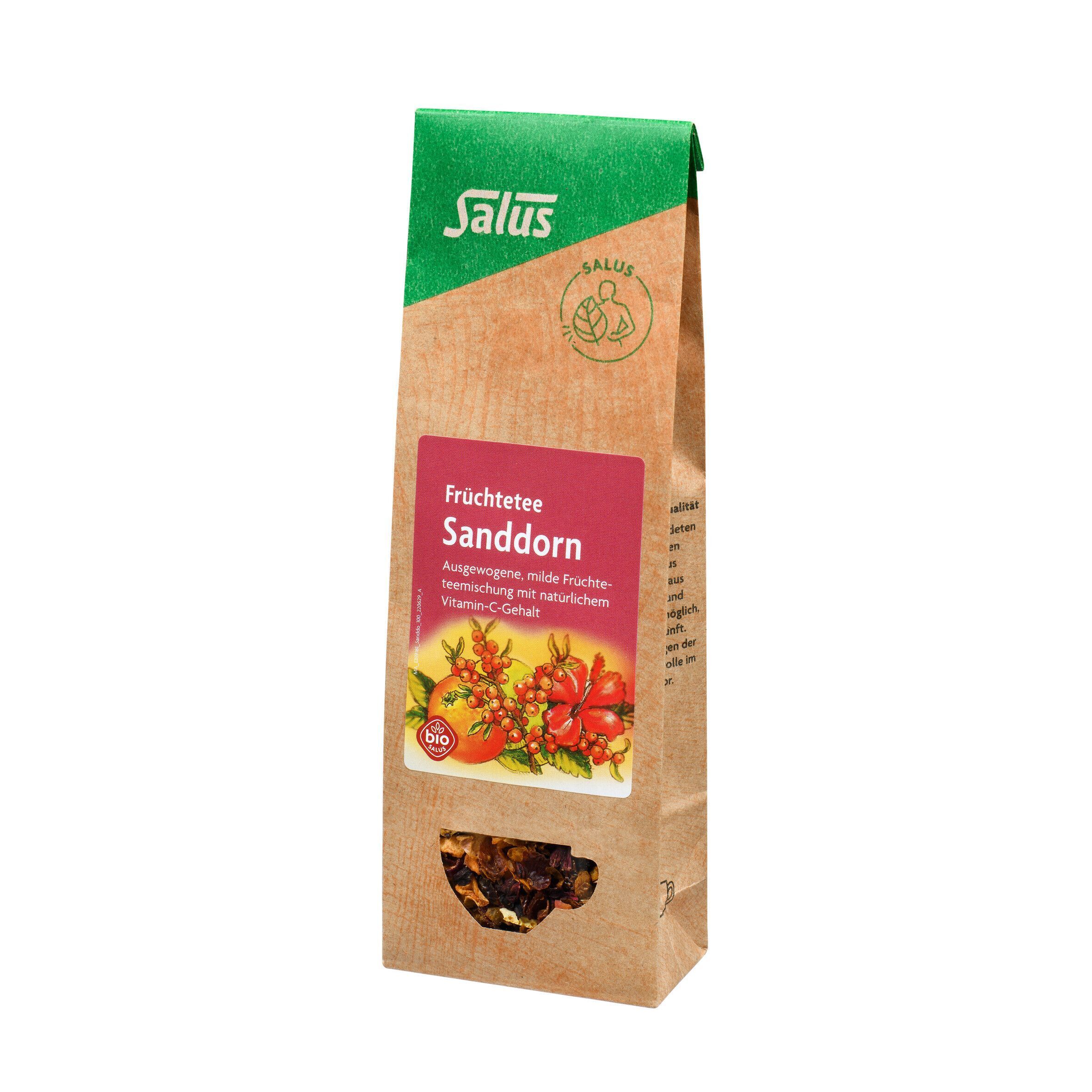Sanddorn Früchtetee Bio Salus. Braune Papierverpackung mit rotem Etikett. Grün-braune Farbgebung. Ansicht von vorne.
