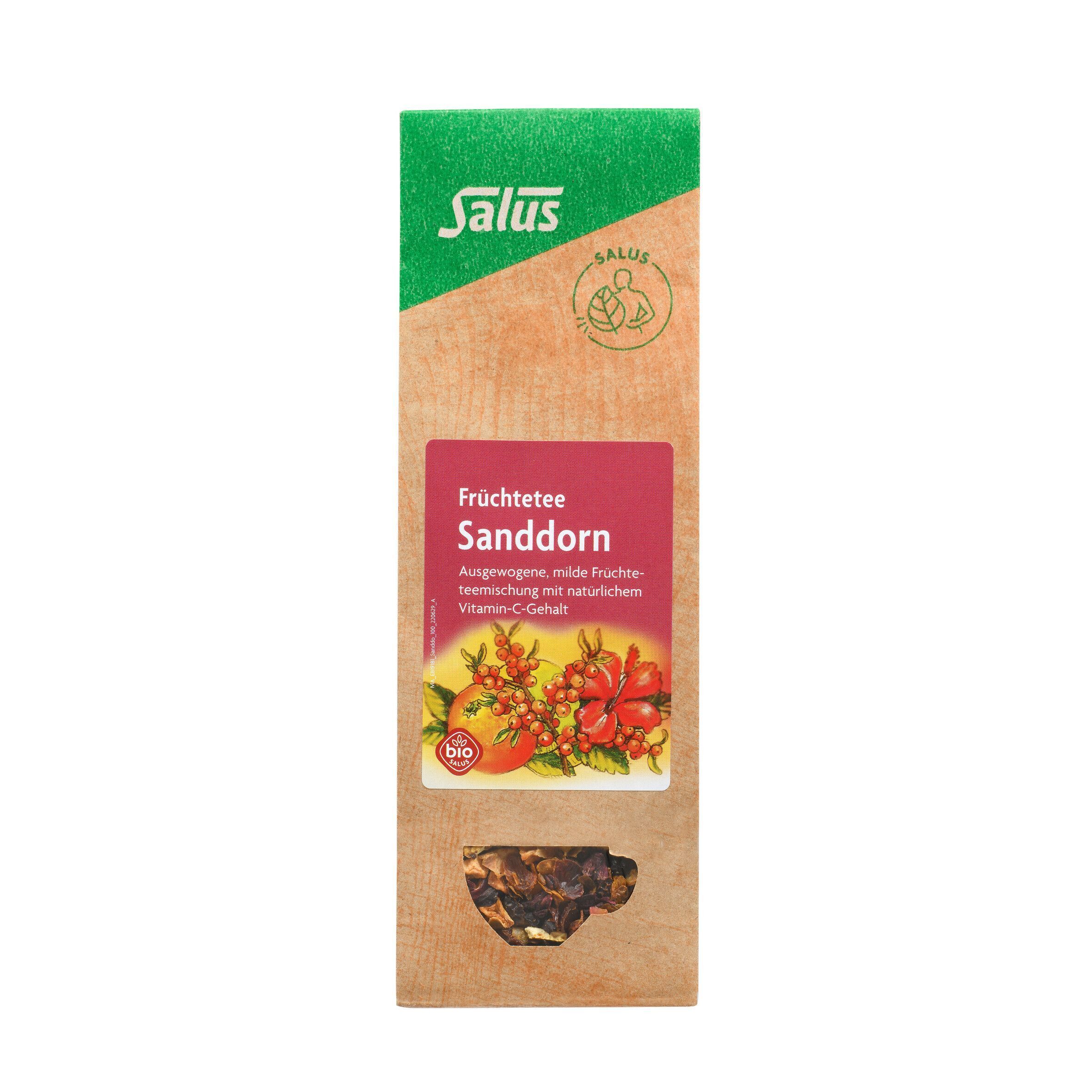 Sanddorn Früchtetee Bio Salus. Braune Papierverpackung mit rotem Etikett. Grün-braune Farbgebung. Ansicht von vorne.