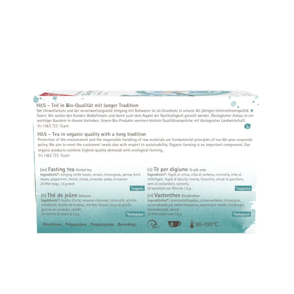 Rückseite der H&S Bio Fastentee Filterbeutel-Packung. Text in Deutsch, Englisch, Französisch und Italienisch. Bio-Siegel.