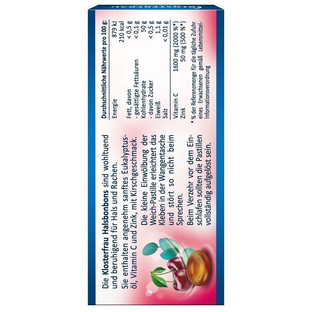 Rückseite der KLOSTERFRAU Halsbonbon-Verpackung. Text: Nährwerte, Inhaltsstoffe, Hinweise zur Anwendung. Abbildung von Kirschen und Blättern.