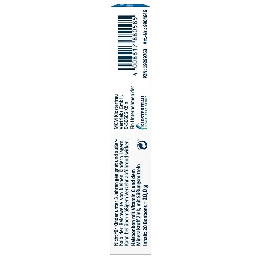 Seite der KLOSTERFRAU Halsbonbon-Verpackung. Text: Hersteller, Inhalt 20 Bonbons, Warnhinweis. Barcode.
