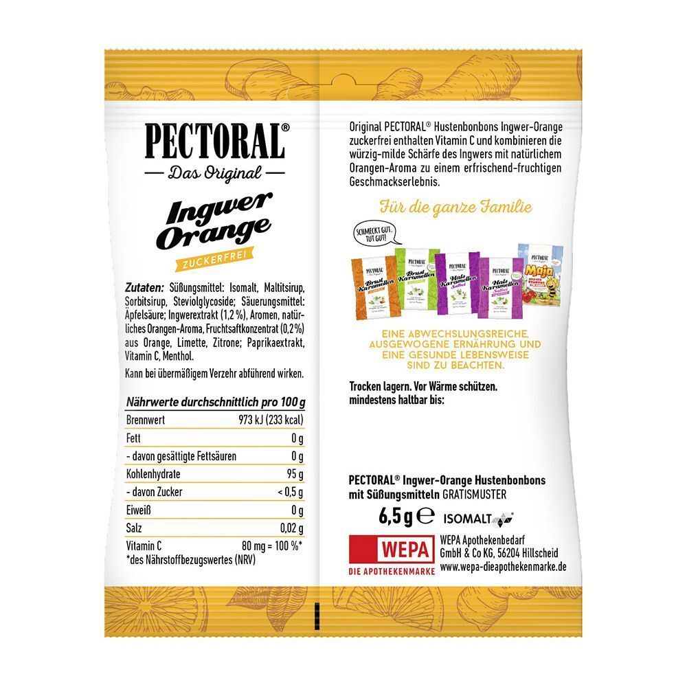 Rückseite der PECTORAL Ingwer Orange Bonbons Verpackung. Text mit Zutaten, Nährwerten und einem Gratis-Muster-Hinweis.