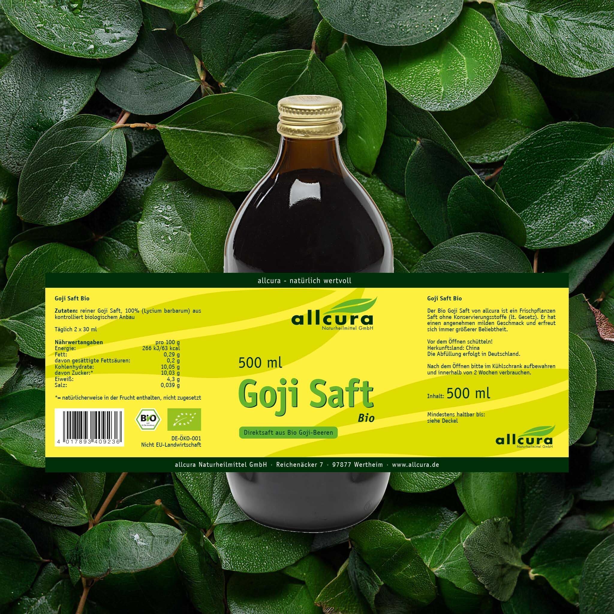 Nahaufnahme des Etiketts einer Flasche allcura Goji Saft Bio (500 ml). Bio-Qualität, 500 ml.