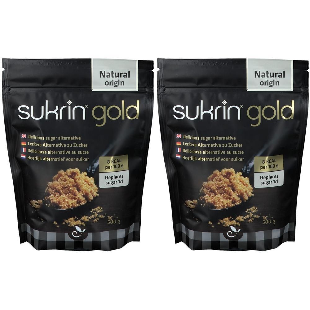 Zwei schwarze Beutel mit SUKRIN gold. Aufschrift: Delicious sugar alternative. 8 kcal pro 100 g. Ersetzt Zucker 1:1. 500 g.
