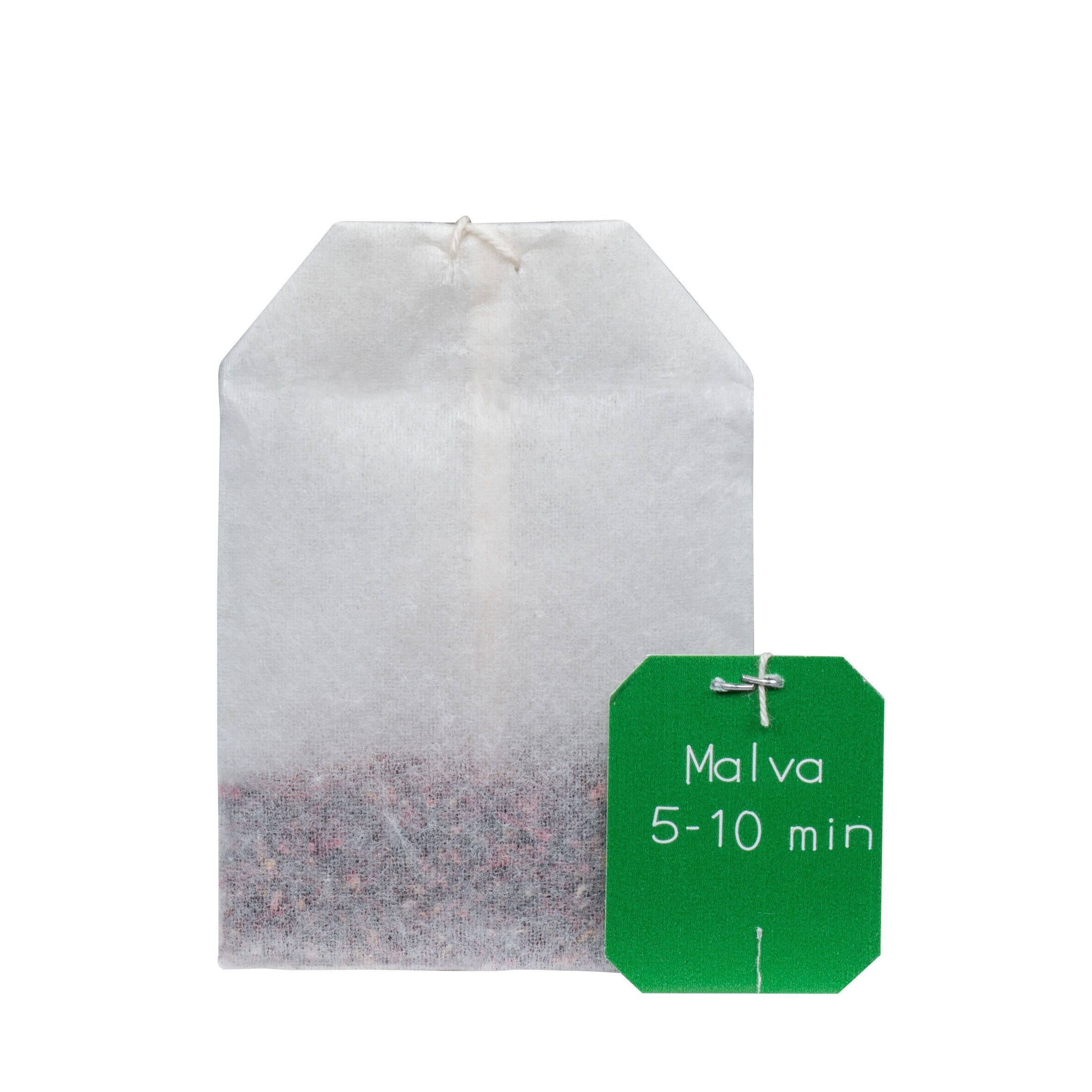 Teebeutel und grünes Etikett. Aufdruck: Malva, 5-10 min.
