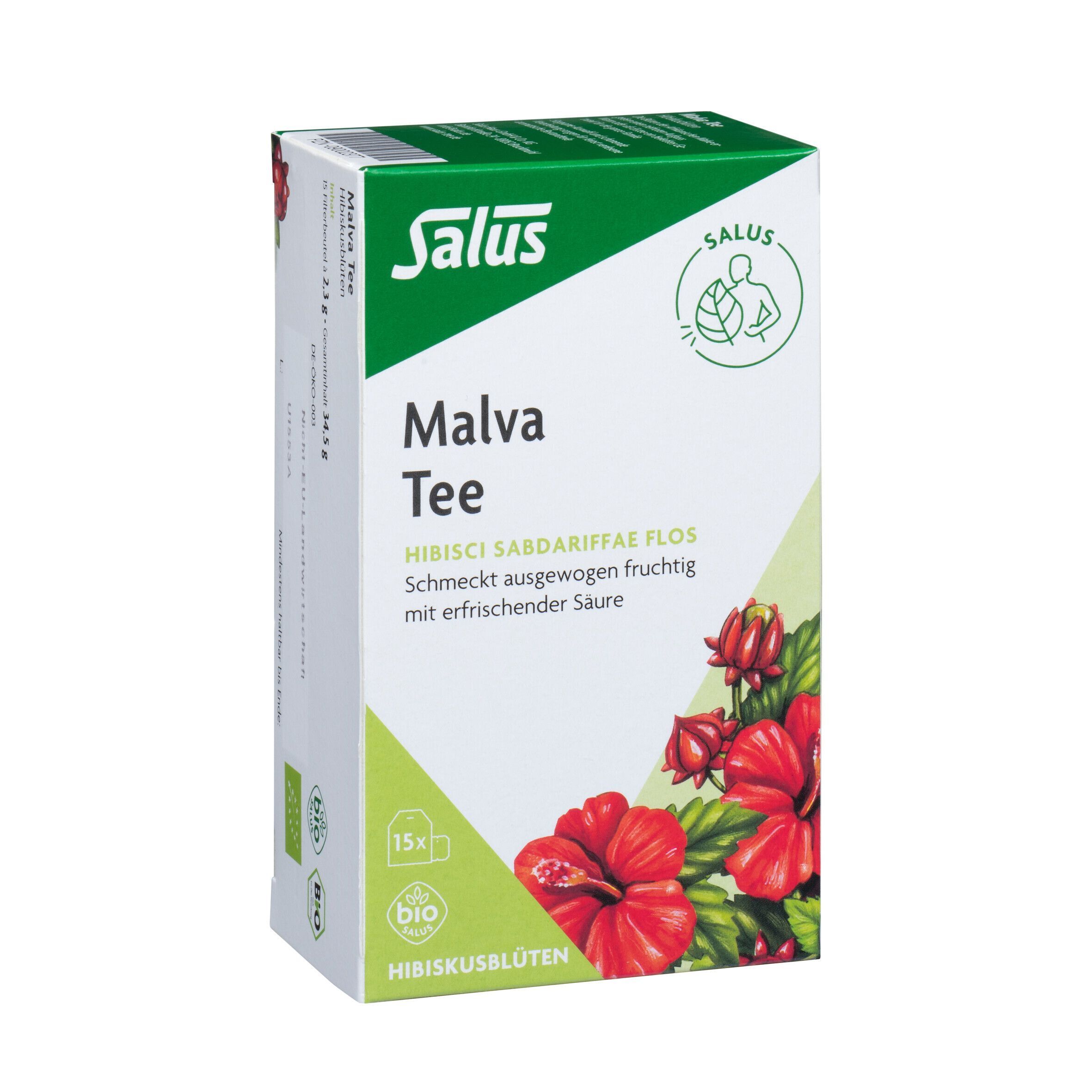 MALVATEE Hibiskusblütentee Bio Salus Filterbeutel Packung. Aufdruck: Salus, Malva Tee, Hibisci Sabdariffae Flos, 15x.