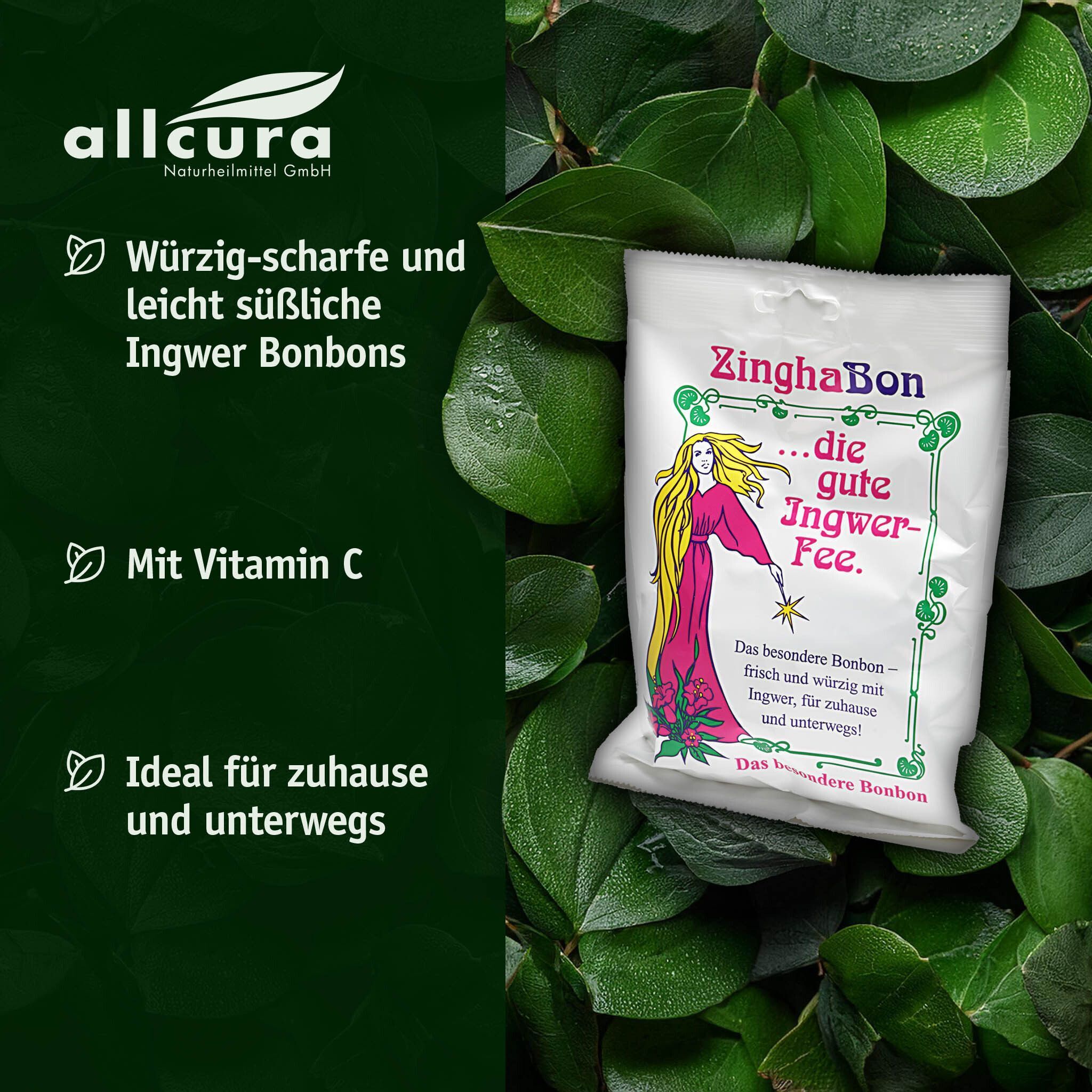 INGWER BONBONS ZinghaBon-Beutel auf Blättern. Weiße Verpackung mit Fee-Motiv und Schriftzug. Grün umrandet.