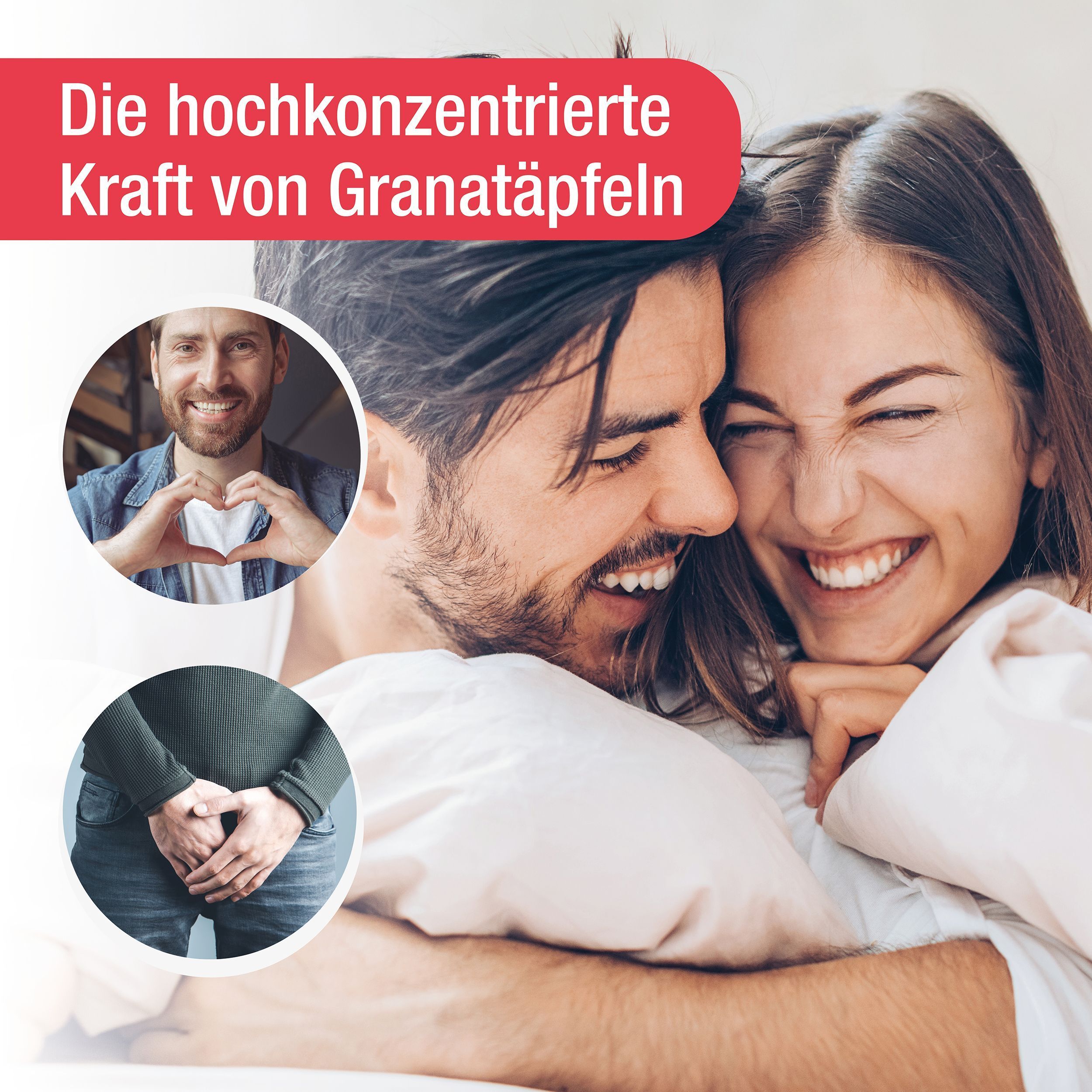 Paar umarmt sich. Zwei Kreise mit Mann und Frau. Mann mit Herz-Geste, Mann hält Hände vor dem Schritt.