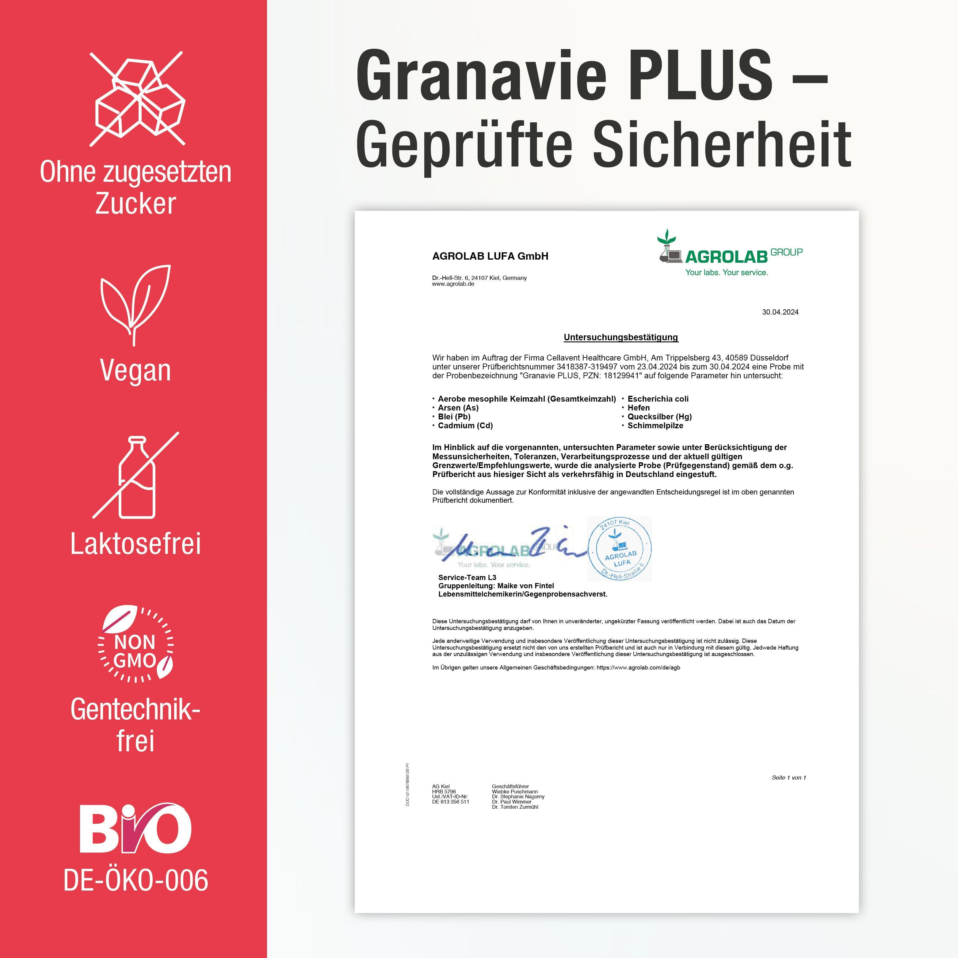 Zertifizierungsdokument von AGROLAB LUFA GmbH. Text: Ohne zugesetzten Zucker, vegan, laktosefrei, gentechnikfrei, Bio-Zertifizierung.