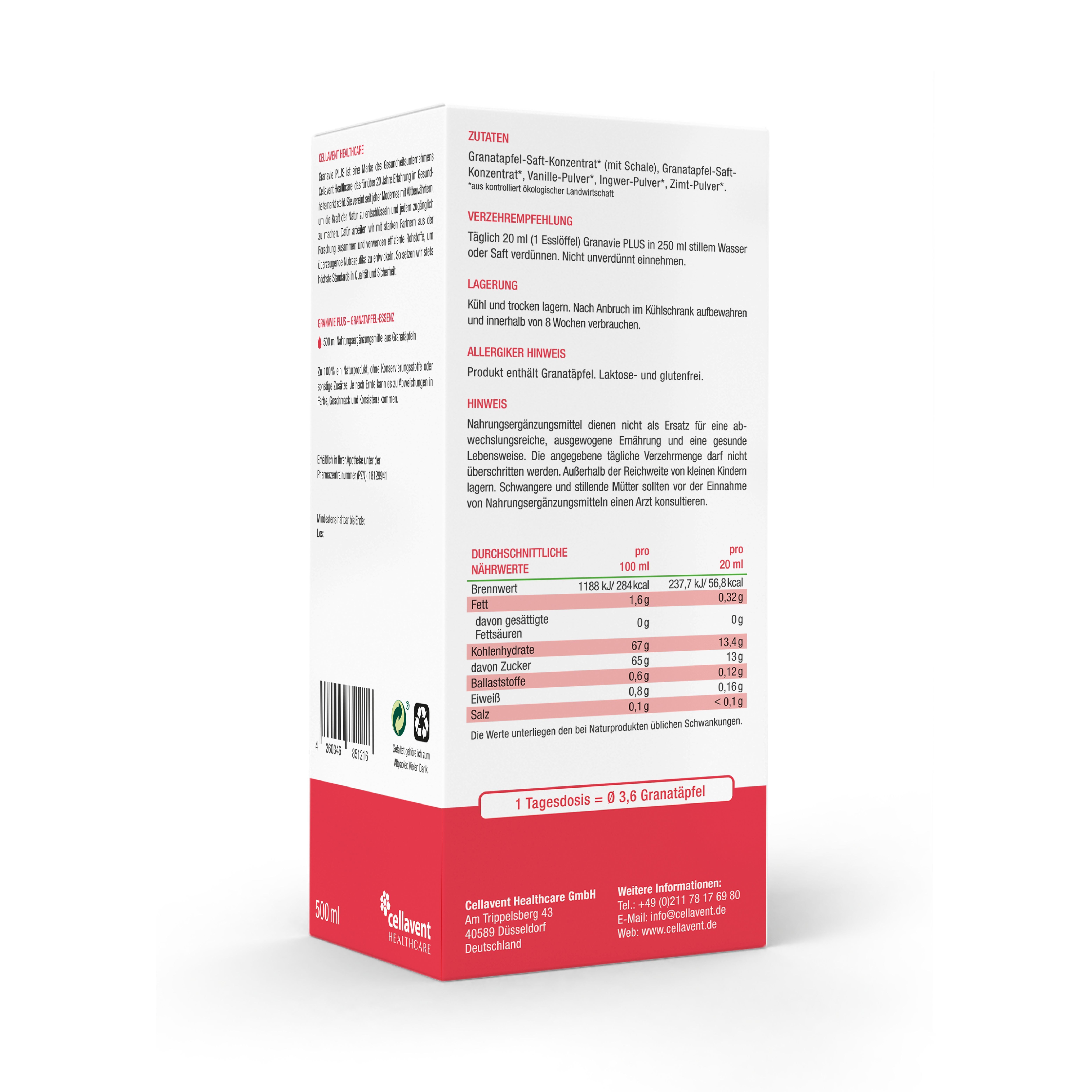Rückseite der Verpackung. Text: Inhaltsstoffe, Nährwertangaben, Verzehrempfehlung, Lagerung, Allergiehinweise, Hersteller.