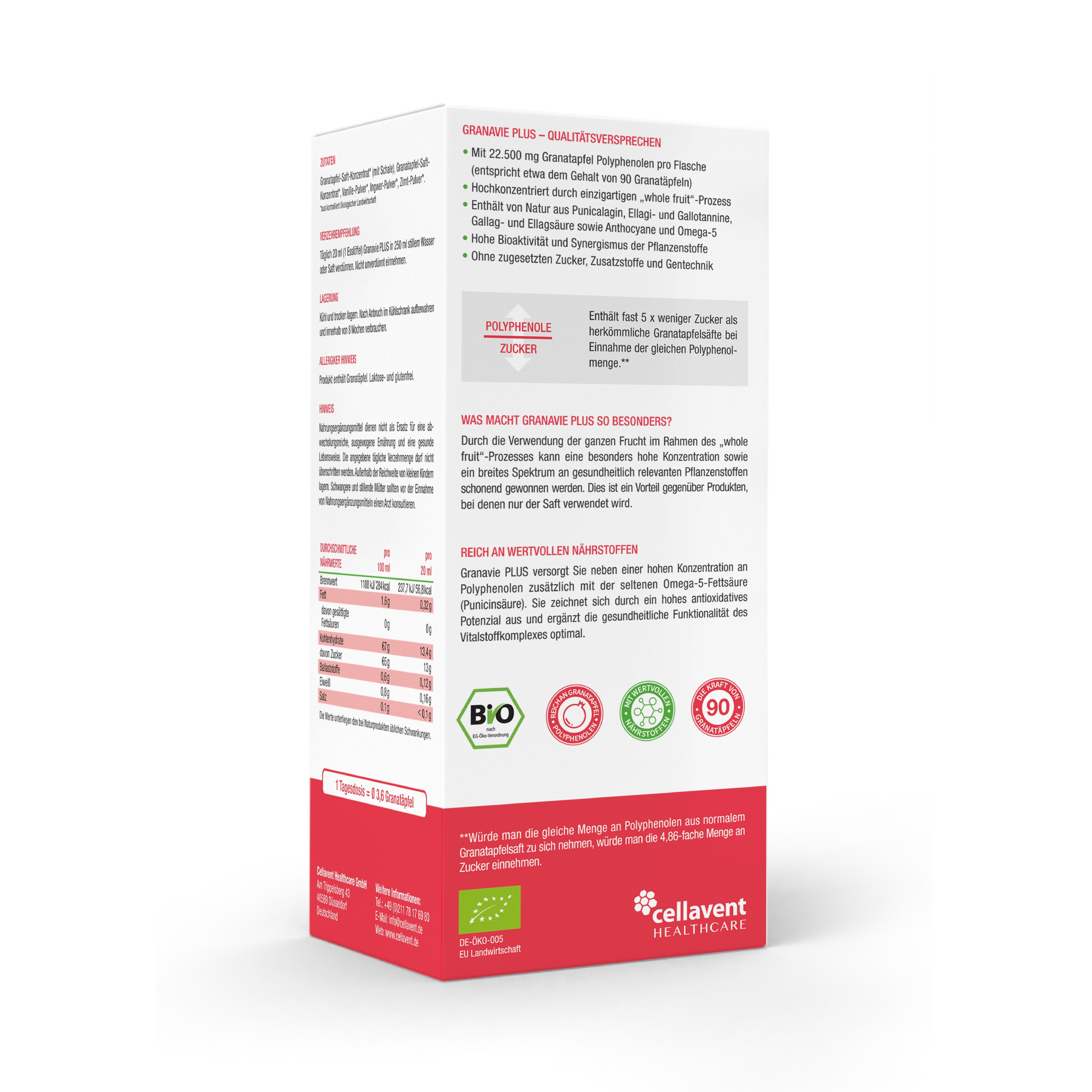 Rückseite der Verpackung. Text: Qualitätsversprechen, Inhaltsstoffe, Nährwertangaben, Bio-Zertifizierung, Hersteller.