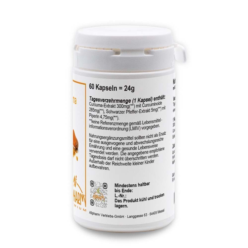 Weiße Pillendose mit gelbem Etikett. Aufschrift "Curcuma". Text mit Inhaltsangaben und Mindesthaltbarkeitsdatum. ALLPHARM Logo.