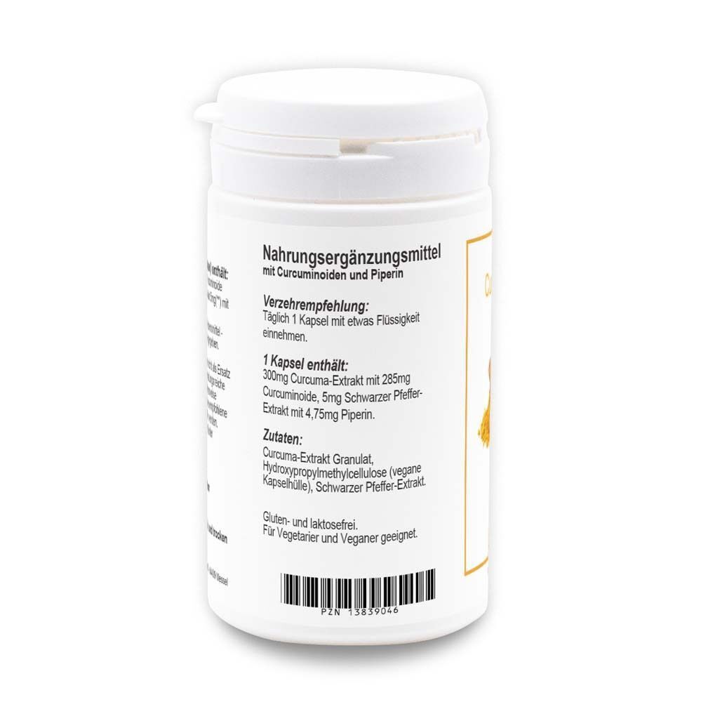 Weiße Pillendose mit gelbem Etikett. Text mit Inhaltsangaben und Verzehrempfehlung. Gluten- und laktosefrei. Für Vegetarier und Veganer geeignet.