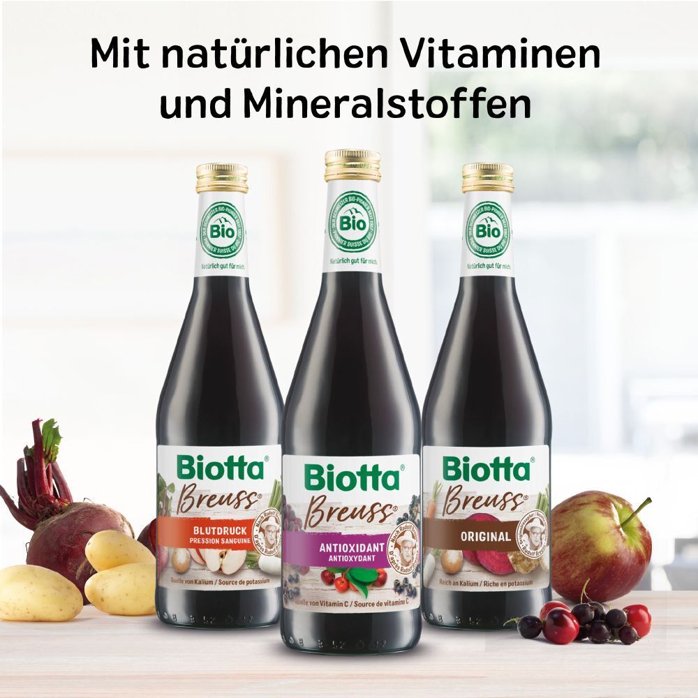 Drei Flaschen Biotta® Breuss: Antioxidant, Original, Blutdruck. Mit Gemüse und Früchten.
