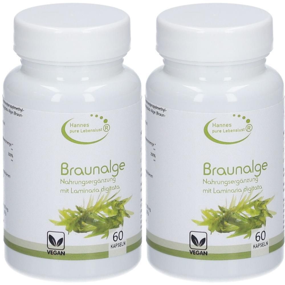 Zwei weiße Flaschen mit Kapseln. Aufschrift: Braunalge, Nahrungsergänzung, 60 Kapseln. Vegan-Siegel. Marke: Hannes pure Lebenslust.