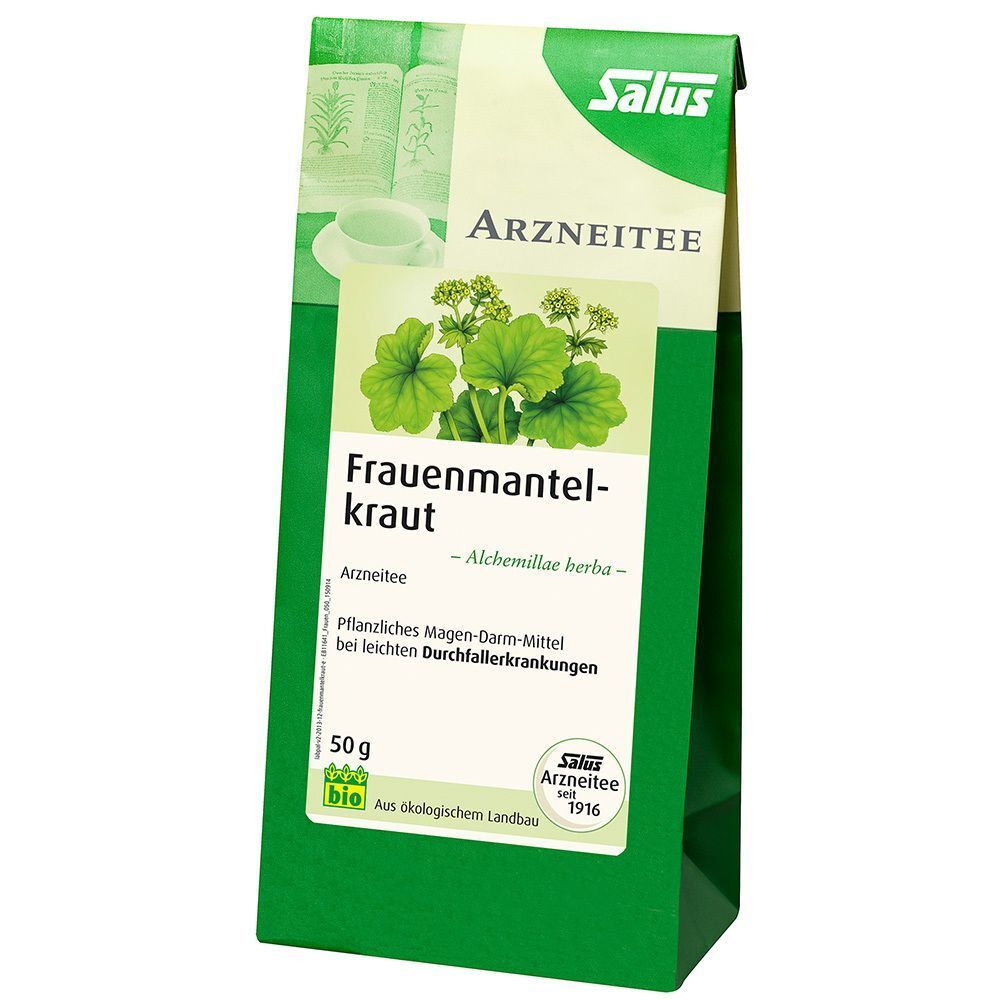 Eine Packung Salus Frauenmantelkraut Tee mit Abbildung der Pflanze und Kräutern. 50g, Bio-Siegel.