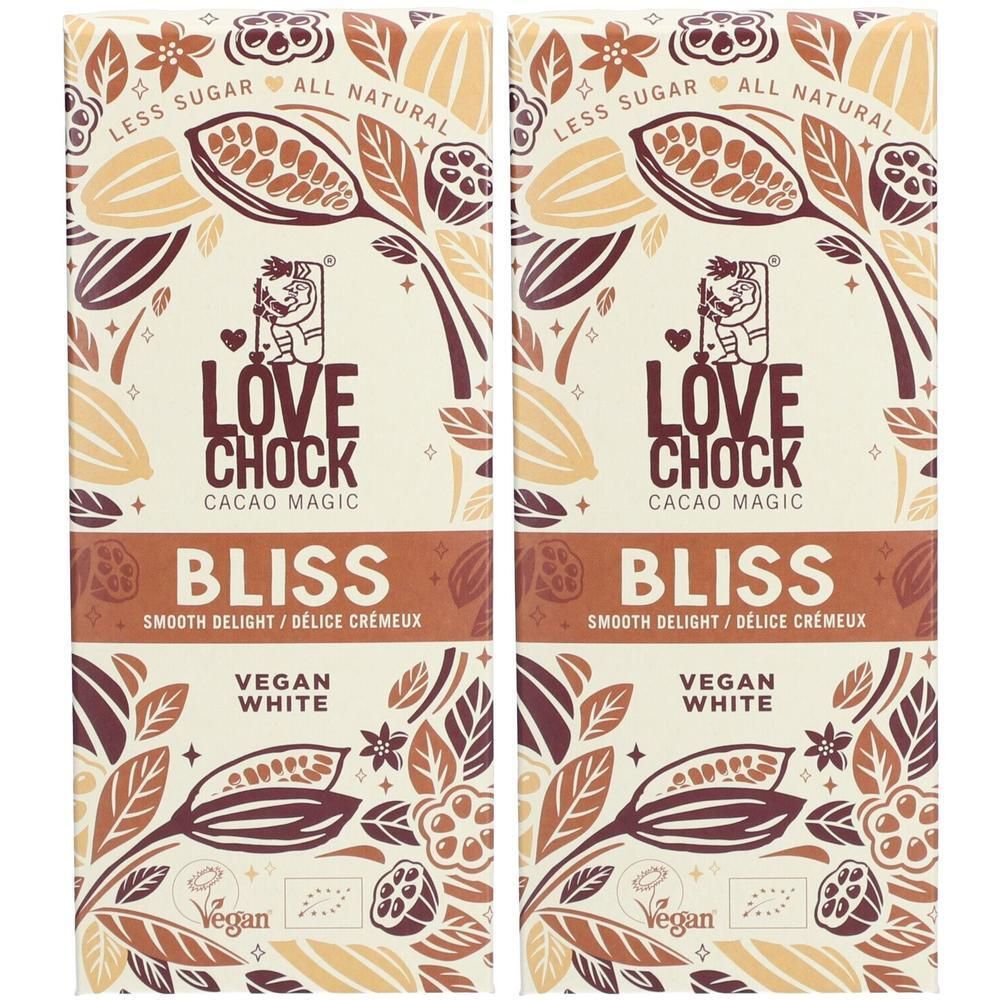 Zwei Tafeln Schokolade. Aufschrift: LOVE CHOCK, BLISS, Vegan White. Dekoratives Design mit Blättern und Kakaobohnen. Bio-Zertifizierung.