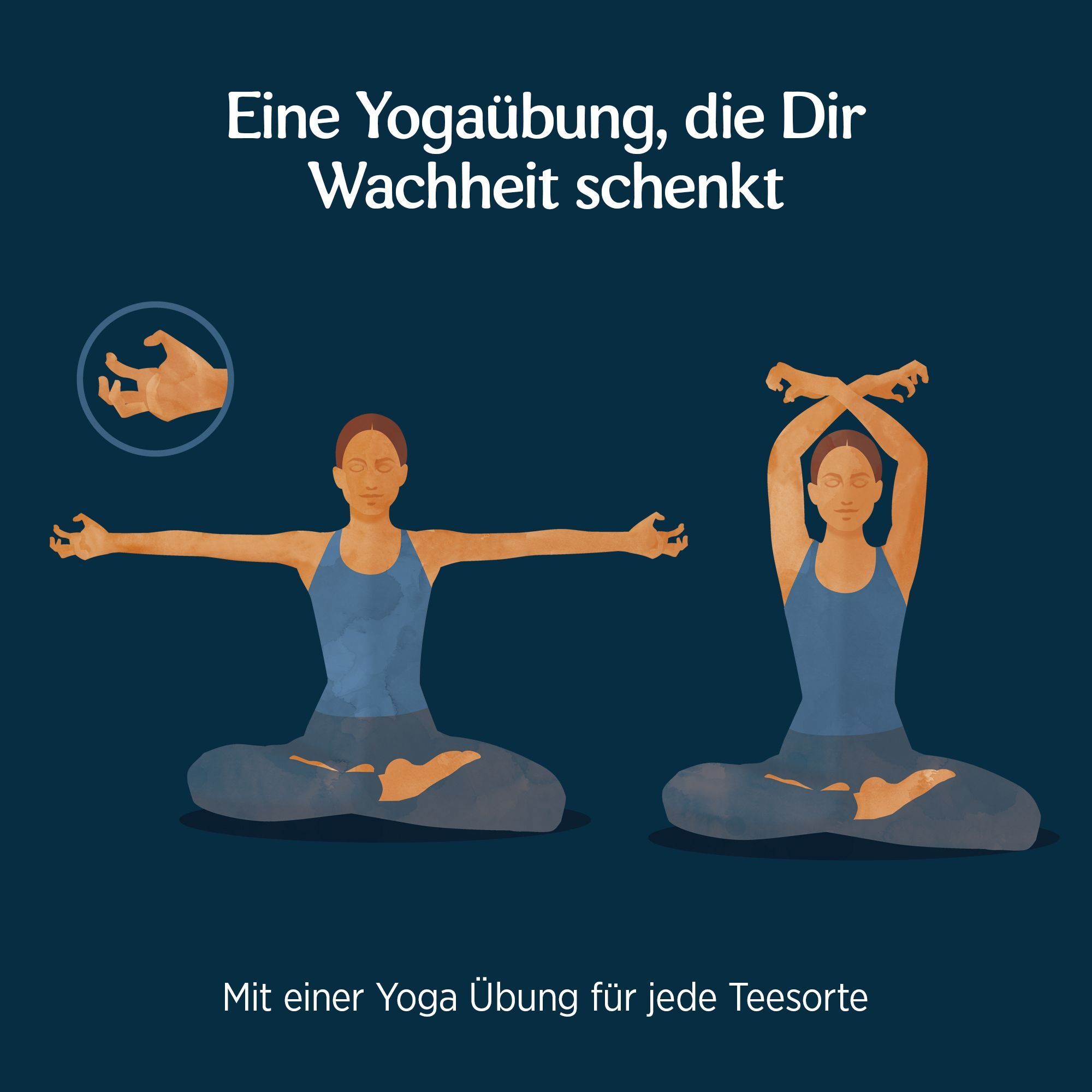 Illustration zweier Yoga-Übungen. Text: Eine Yogaübung, die Dir Wachheit schenkt. Mit einer Yoga Übung für jede Teesorte.