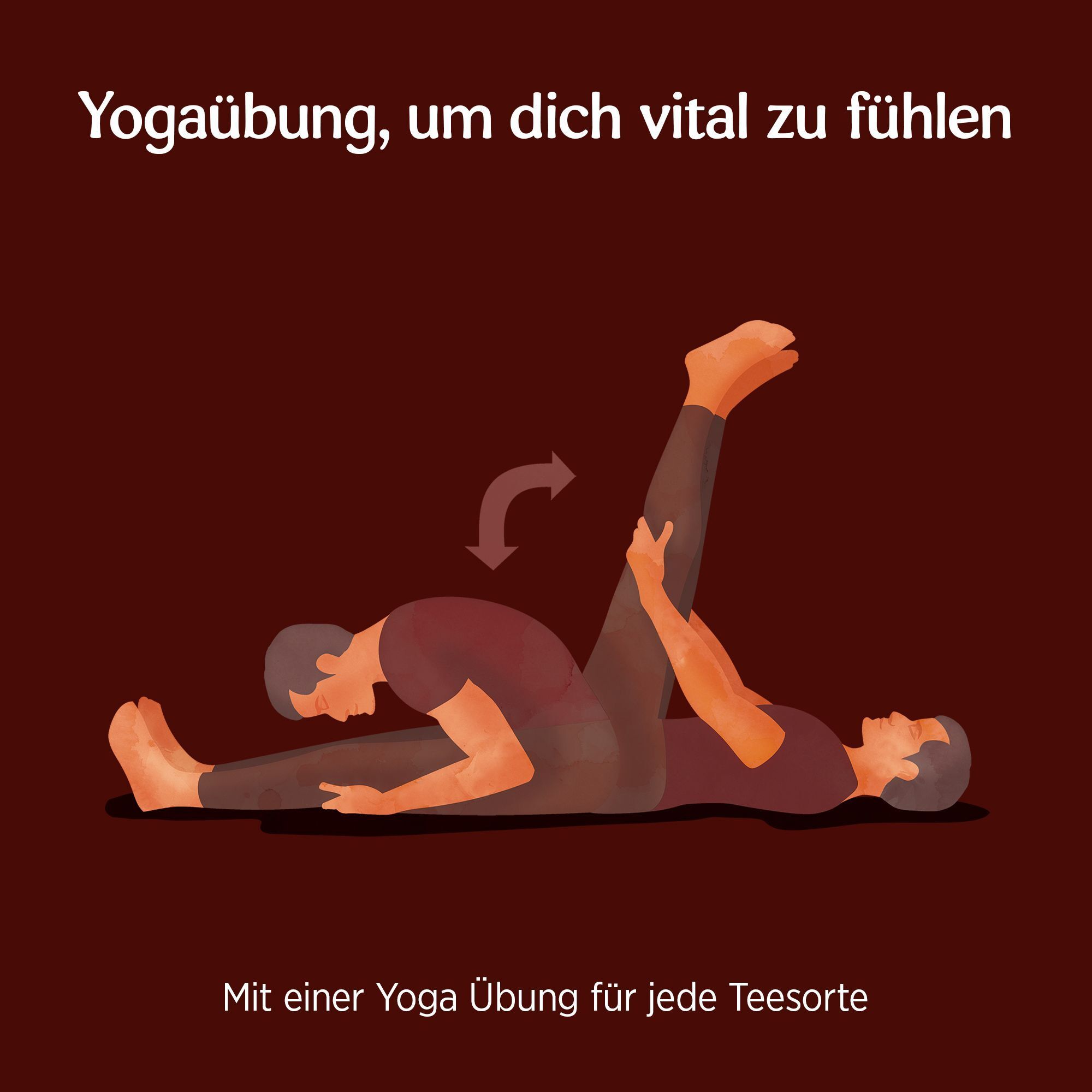 Illustration einer Yogaübung. Zwei Personen führen eine Dehnübung aus. Text: Yogaübung, um dich vital zu fühlen. Mit einer Yoga Übung für jede Teesorte.