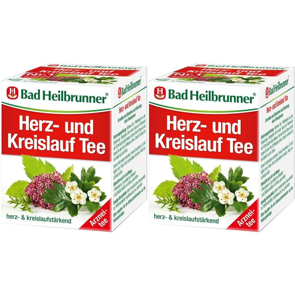 Zwei Packungen Bad Heilbrunner Herz- und Kreislauf Tee mit Kräuterabbildung.