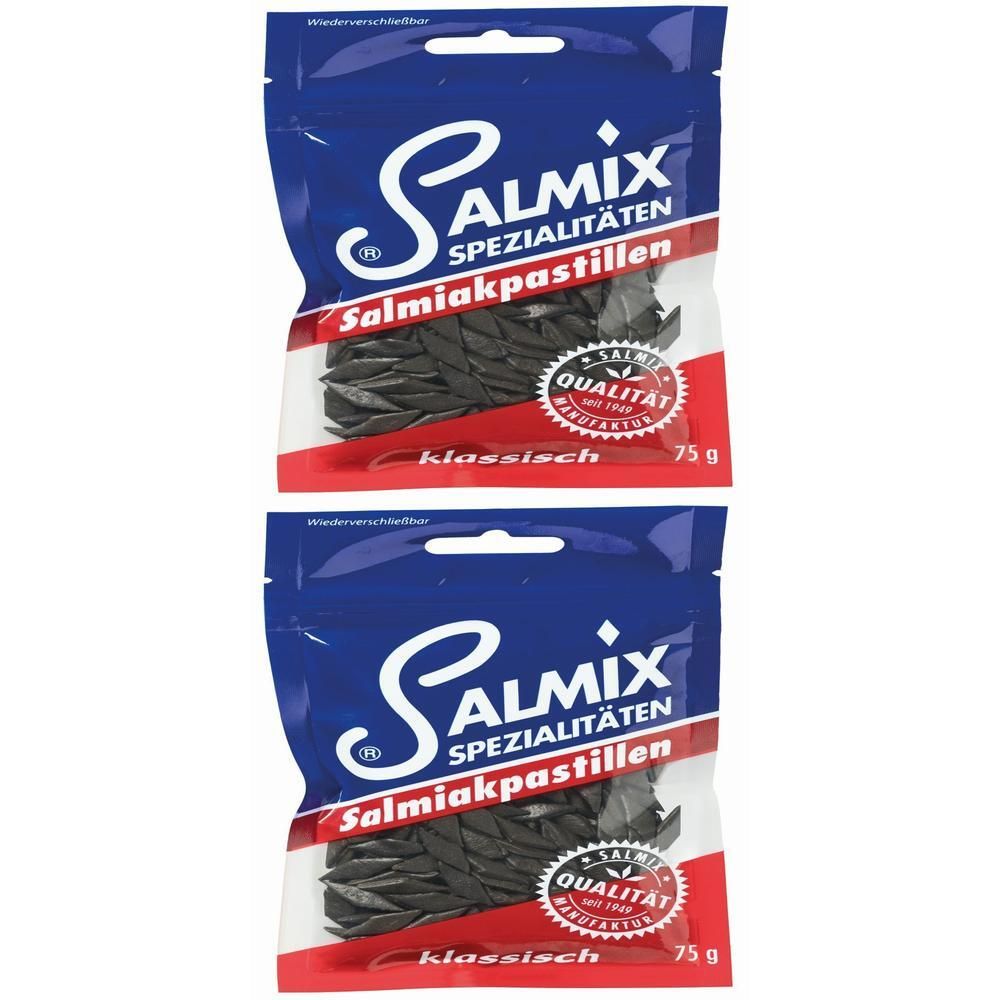 Zwei Beutel Salmiakpastillen. Blaue Verpackung mit weißem Logo und rotem Streifen. Text: Salmix, Spezialitäten, Klassisch.