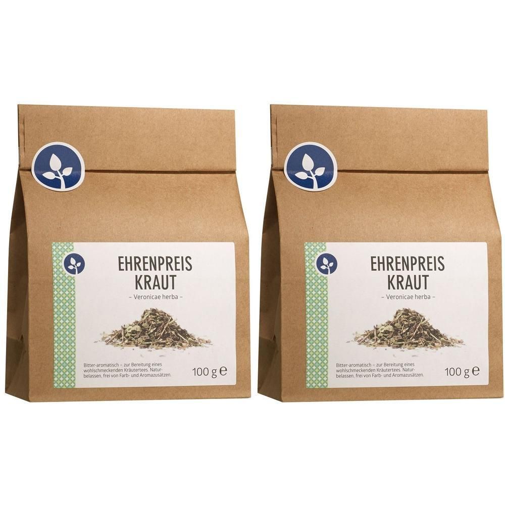 Zwei Packungen Ehrenpreis Kraut, je 100g, in braunen Papiertüten mit Etikett und Kräutern.