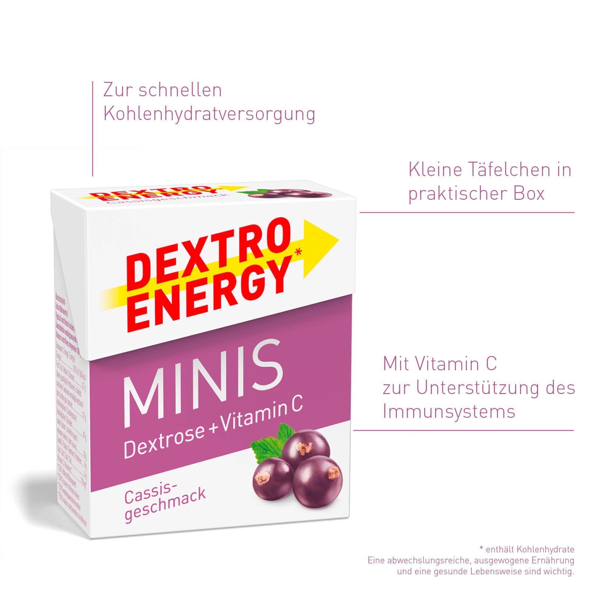 DEXTRO ENERGY MINIS Johannisbeere. Weiße Verpackung mit lila Akzenten, Produktname und Abbildung von Johannisbeeren. Text.