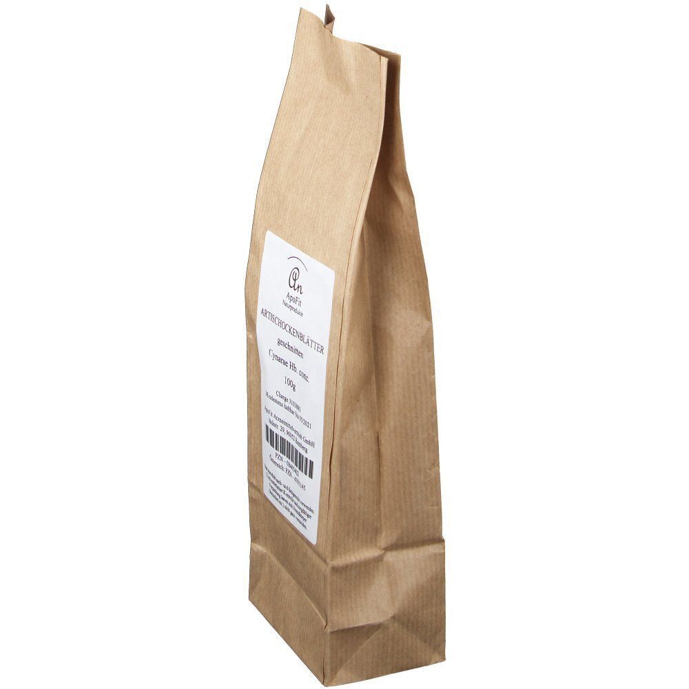 Braune Papiertüte mit Artischockenblättern, 100g, Seitenansicht.
