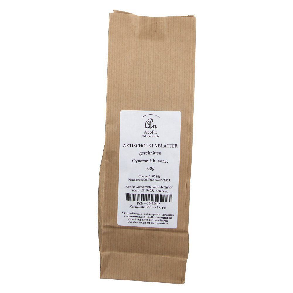 Braune Papiertüte mit Artischockenblättern, 100g, Vorderansicht mit Etikett.