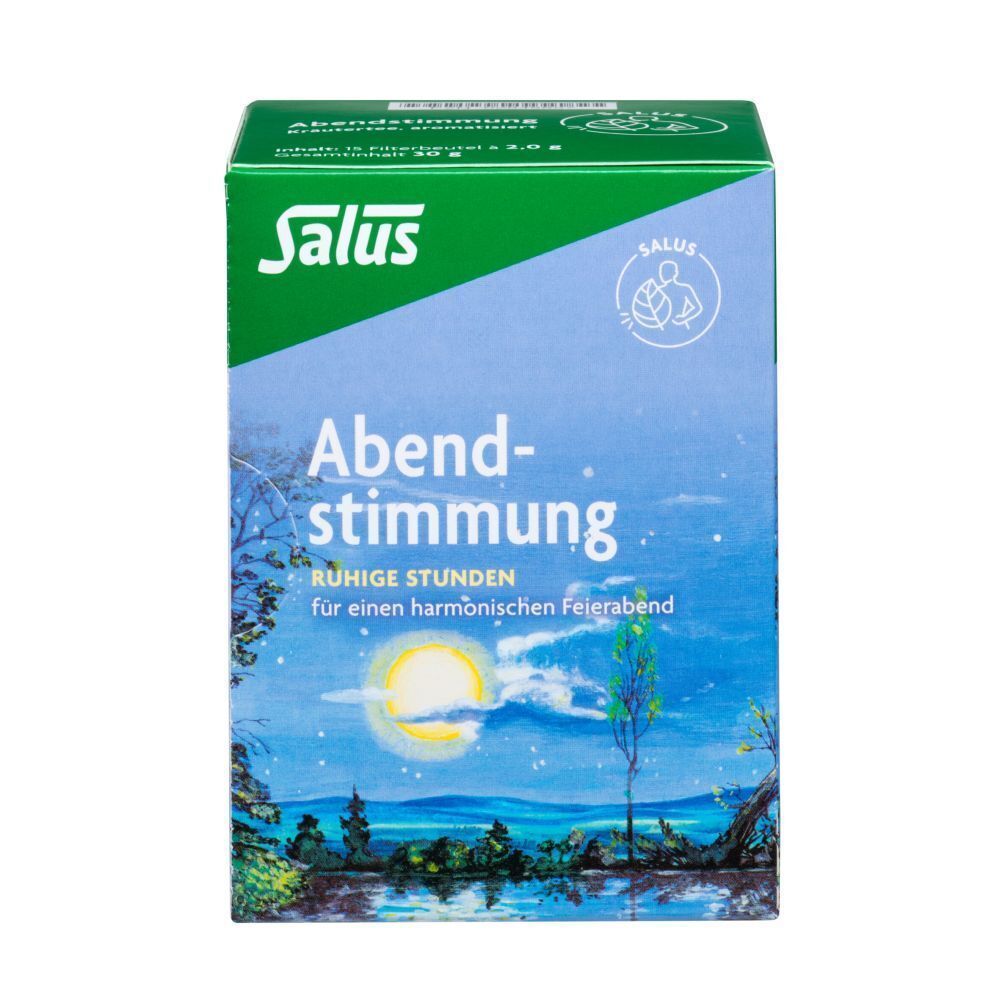 Karton ABENDSTIMMUNG Kräutertee Salus. Aufdruck: Salus, Abendstimmung, ruhige Stunden. Landschaftsdarstellung mit Mond.
