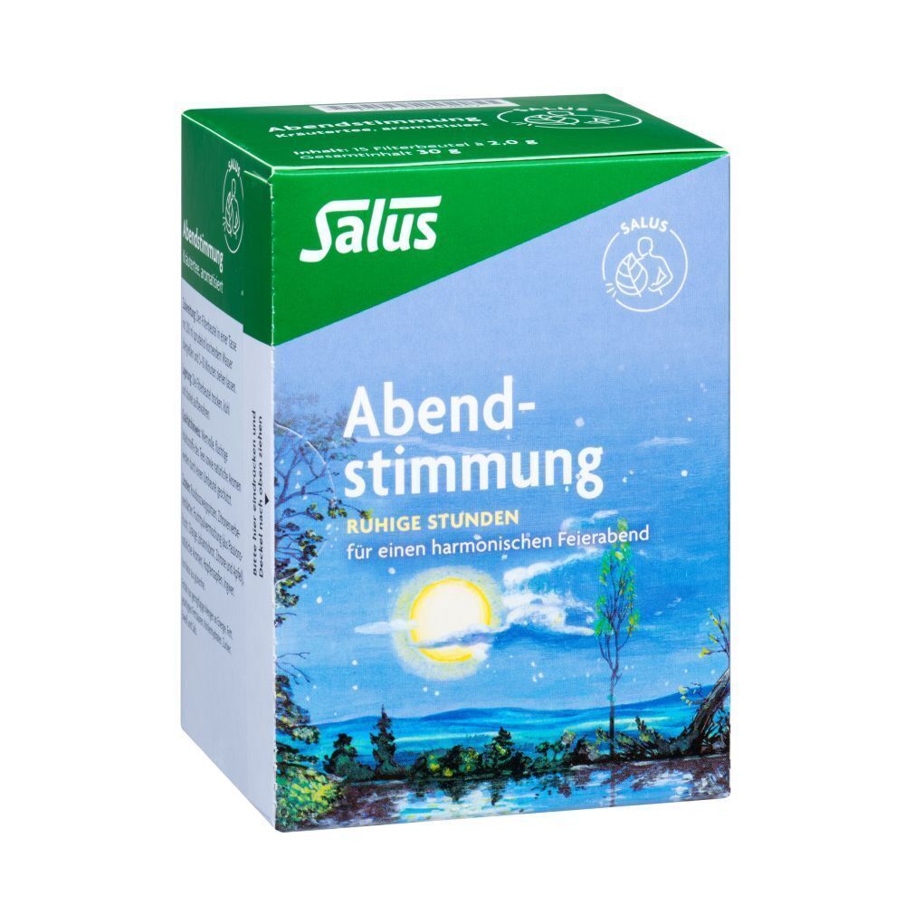 Karton ABENDSTIMMUNG Kräutertee Salus. Aufdruck: Salus, Abendstimmung, ruhige Stunden. Landschaftsdarstellung mit Mond.