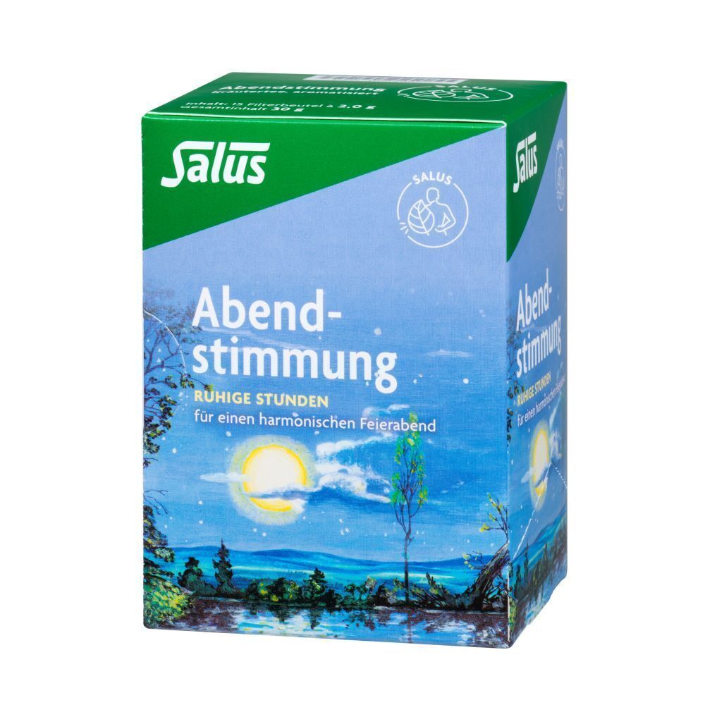 Karton ABENDSTIMMUNG Kräutertee Salus. Aufdruck: Salus, Abendstimmung, ruhige Stunden. Landschaftsdarstellung mit Mond.