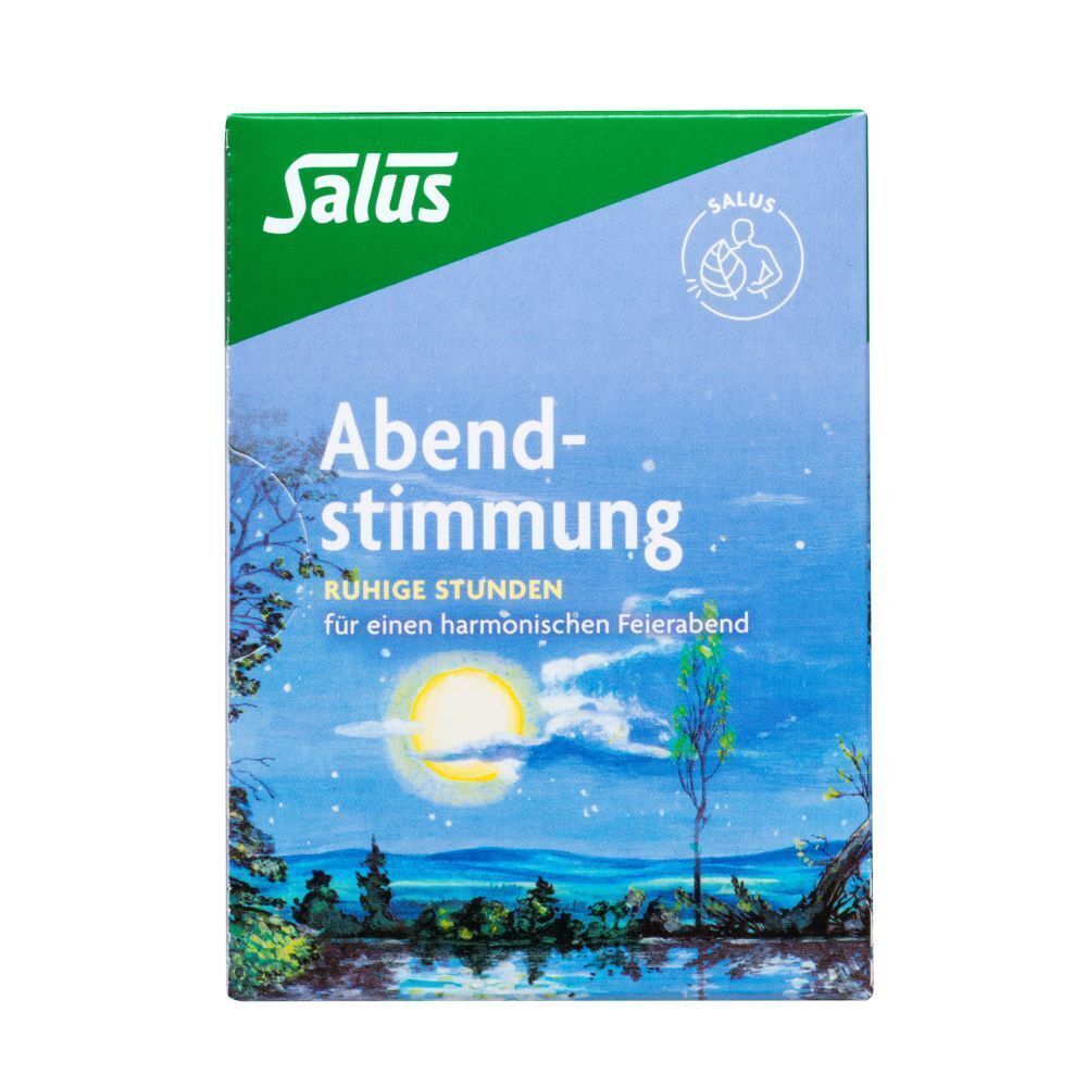 Karton ABENDSTIMMUNG Kräutertee Salus. Aufdruck: Salus, Abendstimmung, ruhige Stunden. Landschaftsdarstellung mit Mond.