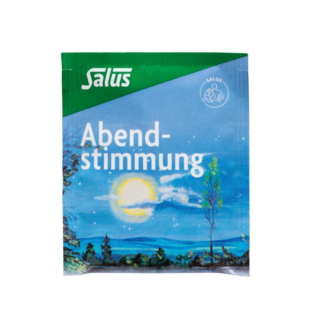 Verpackung ABENDSTIMMUNG Kräutertee Salus. Aufdruck: Salus, Abendstimmung, ruhige Stunden. Landschaftsdarstellung mit Mond.