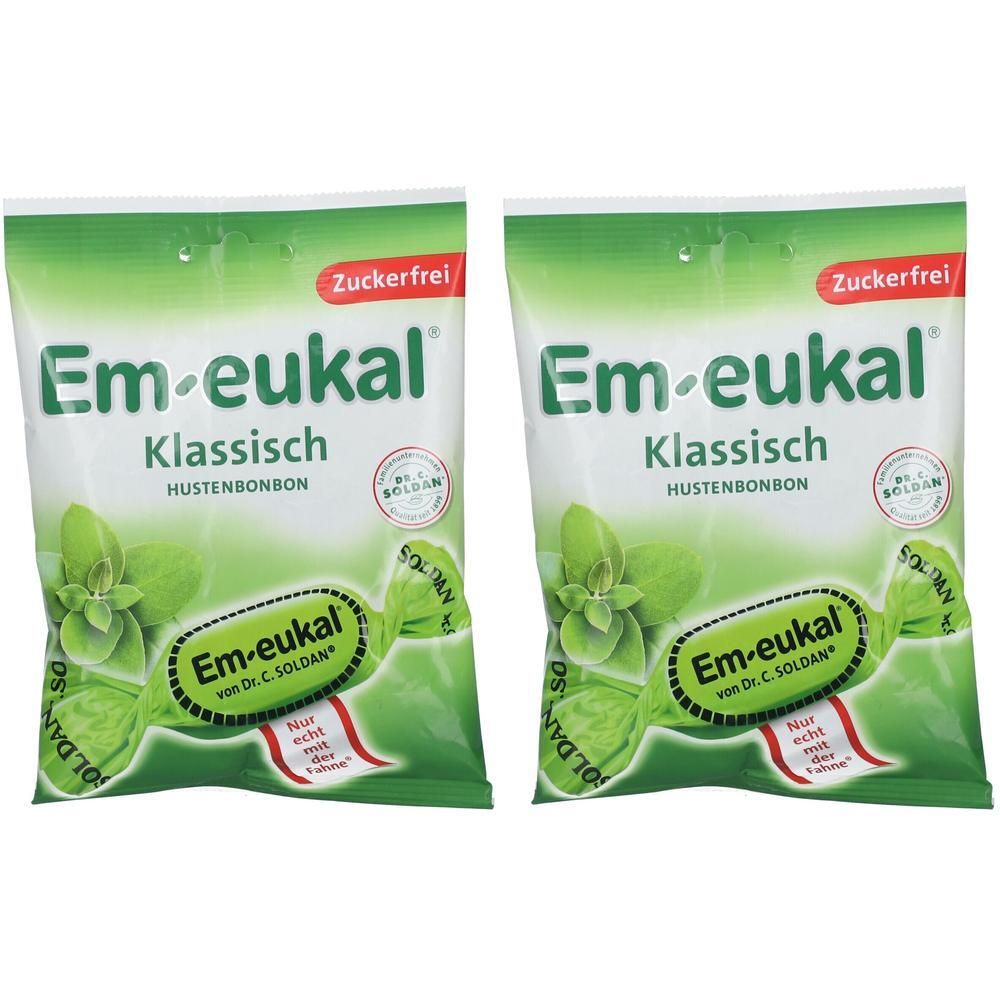Zwei Beutel EM-EUKAL Bonbons klassisch zuckerfrei. Grün-weiß Verpackung mit Produktnamen und Logo. Aufschrift: HUSTENBONBON.