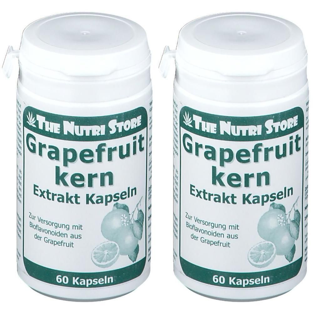 Zwei weiße Flaschen mit Deckel. Aufschrift: Grapefruitkern Extrakt Kapseln. 60 Kapseln. Marke: The Nutri Store.