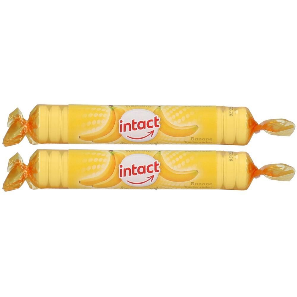 Zwei Rollen Traubenzucker, gelb verpackt. Aufdruck "intact" mit Bananenmotiv. Aufschrift "Banane".