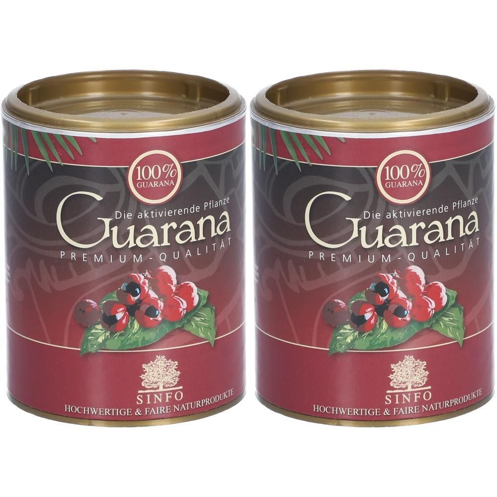 Zwei Dosen SINFO Guarana mit Abbildung der Frucht und Blattwerk. "100% Guarana" und "Premium-Qualität" sind sichtbar.