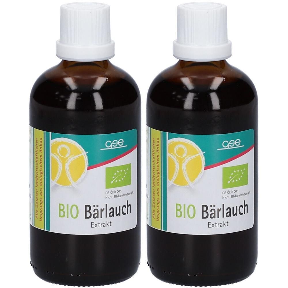 Zwei Flaschen BIO Bärlauch Extrakt mit weißen Verschlüssen und Etiketten mit Bio-Siegel.