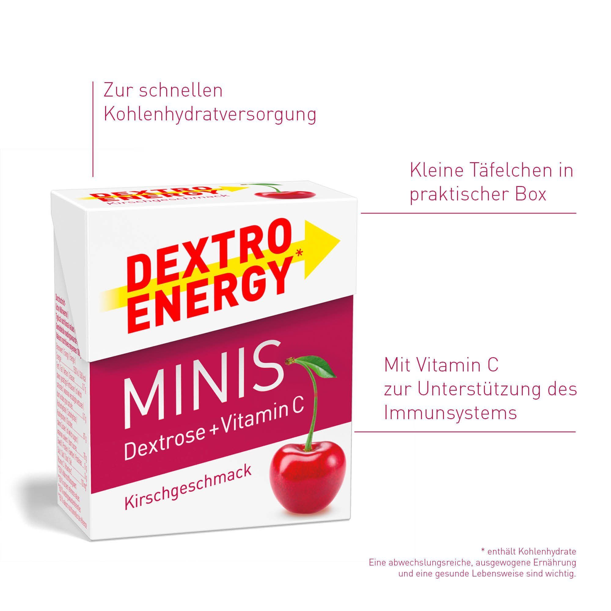 Dextro Energy Minis Kirsche Packung, mit Kirsche und Produktinformationen. Weiß-rot-gelbe Verpackung.