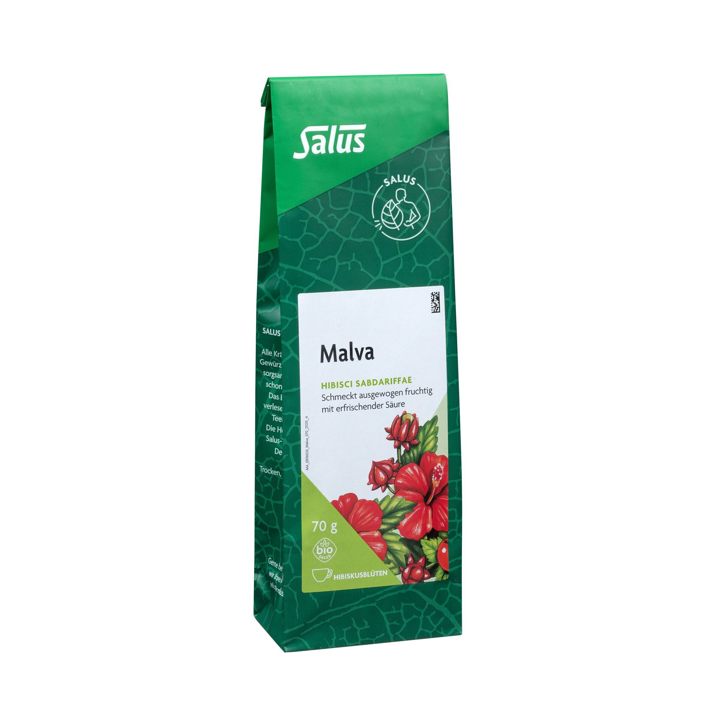 Grüner Beutel mit Salus-Logo und Malva-Aufdruck. Text: Hibisci Sabdariffae, 70g, Bio-Siegel.