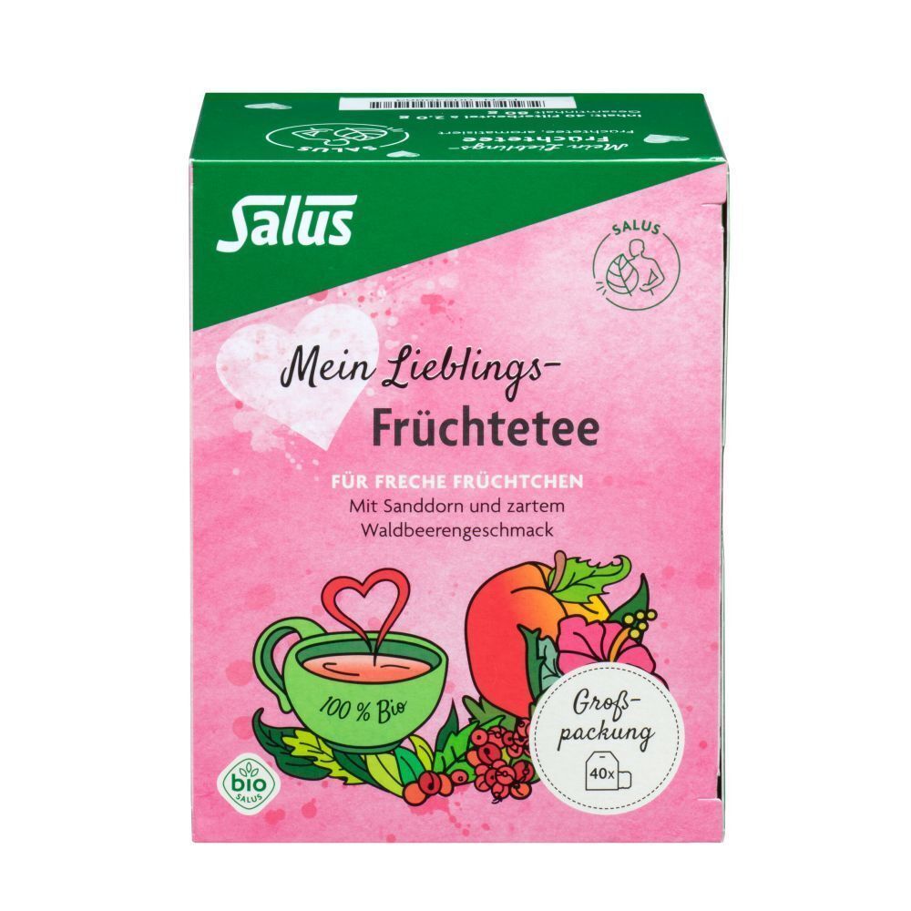 Rosa Verpackung mit Text und Illustrationen. Grün-weiße Marke. Großpackung mit 40 Beuteln.