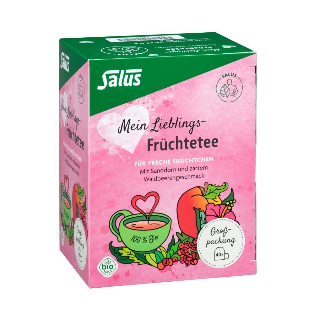 Rosa Verpackung mit Text und Illustrationen. Grün-weiße Marke. Großpackung mit 40 Beuteln.