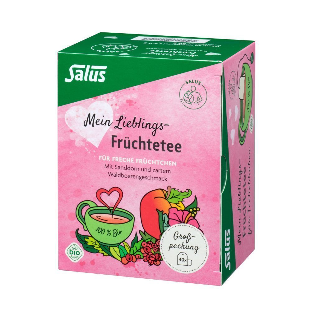 Rosa Verpackung mit Text und Illustrationen. Grün-weiße Marke. Großpackung mit 40 Beuteln.