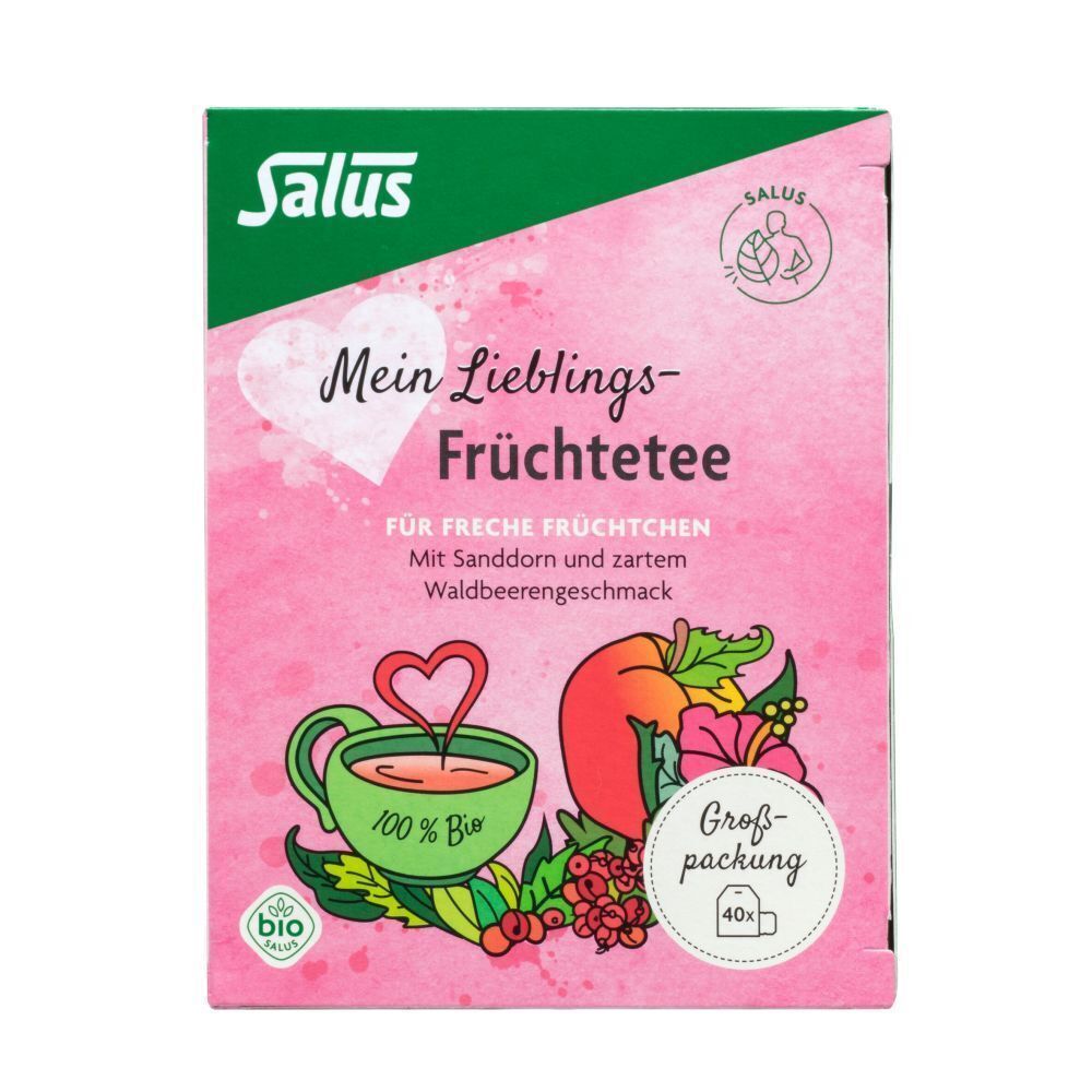 Rosa Verpackung mit Text und Illustrationen. Grün-weiße Marke. Großpackung mit 40 Beuteln.